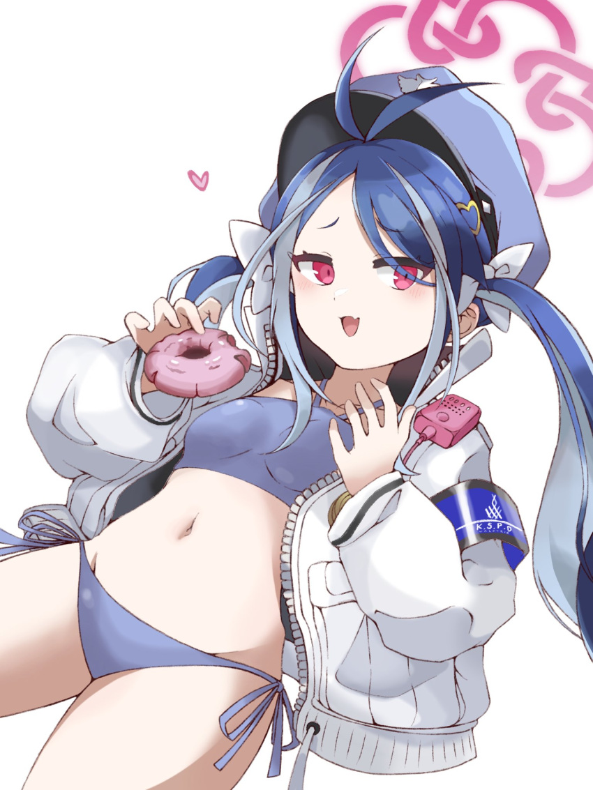 1girl antenna_hair armband bikini blue_archive blue_armband blue_bikini blue_hair blush bow breasts cowboy_shot doughnut dutch_angle fang food fubuki_(blue_archive) hair_bow halo hands_up heart highres holding_doughnut jacket long_hair long_sleeves looking_at_viewer multicolored_hair navel open_clothes open_jacket open_mouth parted_bangs red_eyes short_eyebrows side-tie_bikini_bottom skin_fang small_breasts solo stomach streaked_hair swimsuit twintails uni_gyoza walkie-talkie white_background white_bow white_jacket