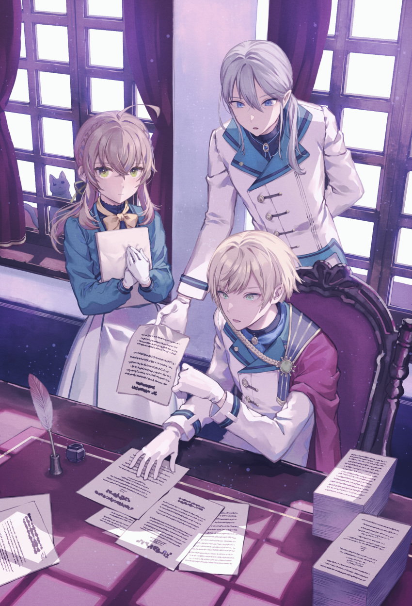 1girl 2boys 778-go ahoge black_cat blonde_hair blue_eyes blue_shirt brown_hair cape cat cover_image cyril_ashley desk felix_arc_ridill gloves green_eyes grey_hair hair_ribbon highres holding holding_paper ink_bottle jacket looking_through_window monica_everett multiple_boys nero_(silent_witch) paper paper_stack quill ribbon shirt sidelocks silent_witch sitting white_gloves white_jacket window