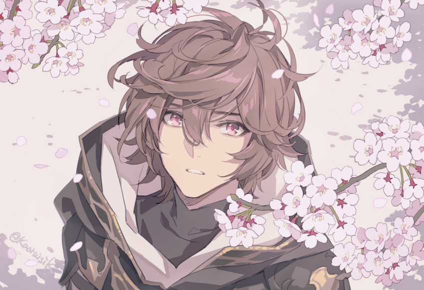 1boy ahoge bishounen branch brown_hair cherry_blossoms commentary_request falling_petals flower granblue_fantasy hair_between_eyes hood hood_down looking_at_viewer male_focus messy_hair pale_color parted_lips petals pink_eyes pink_flower pota_(bluegutty) sandalphon_(granblue_fantasy) short_hair solo swept_bangs twitter_username