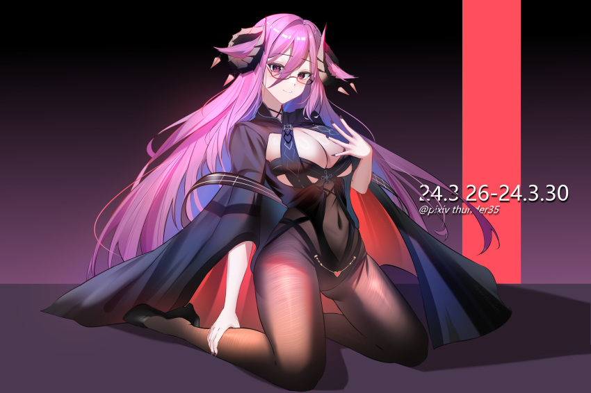 1girl absurdres artist_name azur_lane black_footwear black_horns bodystocking breast_cutout breasts cleavage commentary_request covered_navel curled_horns dated demon_horns framed_breasts friedrich_carl_(azur_lane) full_body gradient_background hair_between_eyes highres horn_ornament horns kneeling large_breasts long_hair long_sleeves looking_at_viewer nail_polish pink_eyes pink_hair purple_background purple_nails rectangular_eyewear semi-rimless_eyewear shoes simple_background thunder-35 very_long_hair