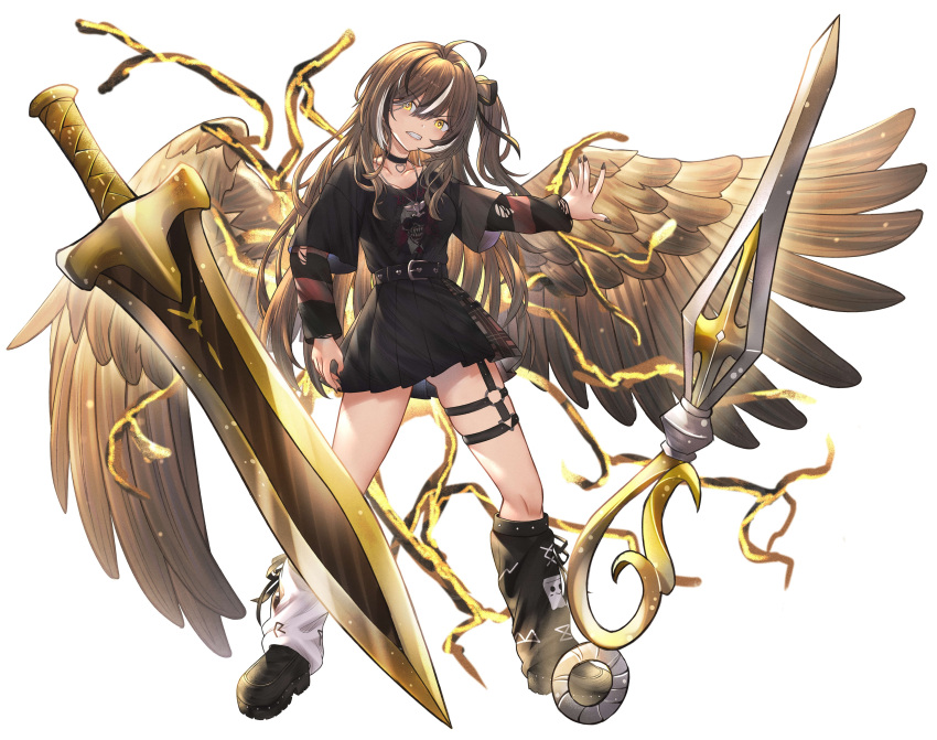 absurdres belt_chain black_leg_warmers black_nails brown_hair choker emo_fashion greatsword heart heart_choker highres honkivampy lace-trimmed_choker lace_trim lightning long_hair nanashi_mumei nanashi_mumei_(emo) o-ring o-ring_thigh_strap saber_(weapon) striped_clothes striped_sweater sweater sweater_partially_tucked_in sweater_under_shirt sword thigh_strap torn_clothes torn_sweater two-tone_sweater weapon white_leg_warmers wings yellow_eyes