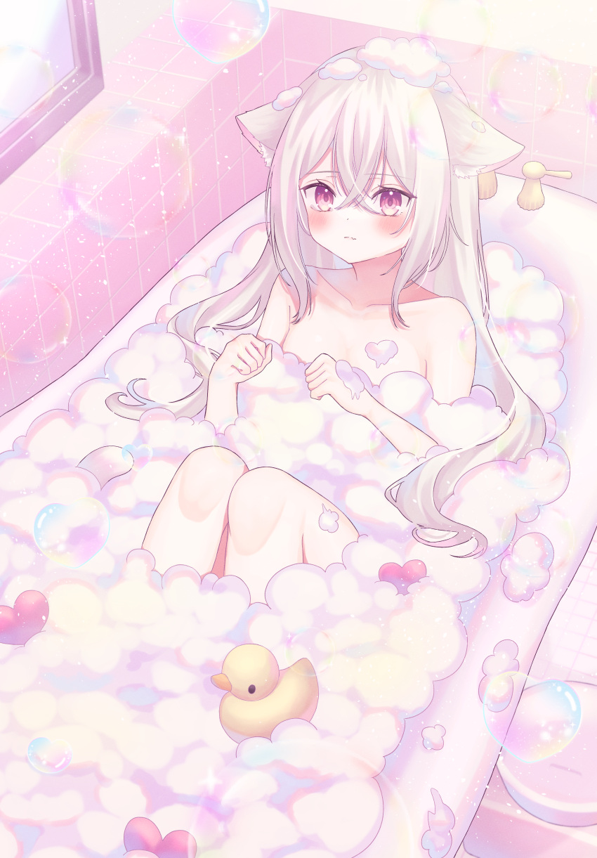 1girl absurdres animal_ears bath bathing bathtub cat_ears cat_girl convenient_censoring erunoto expressionless fang fang_out highres indie_virtual_youtuber long_hair looking_at_viewer mitarai_komoru nude pink_eyes rubber_duck soap_bubbles soap_censor virtual_youtuber white_hair