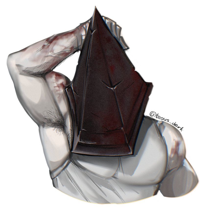 1boy arm_behind_head armpits bara blood chest_hair_peek cropped_torso facing_viewer highres large_pectorals male_focus muscular muscular_male muted_color pectorals pyramid_head sidepec silent_hill_(series) solo taous_dark