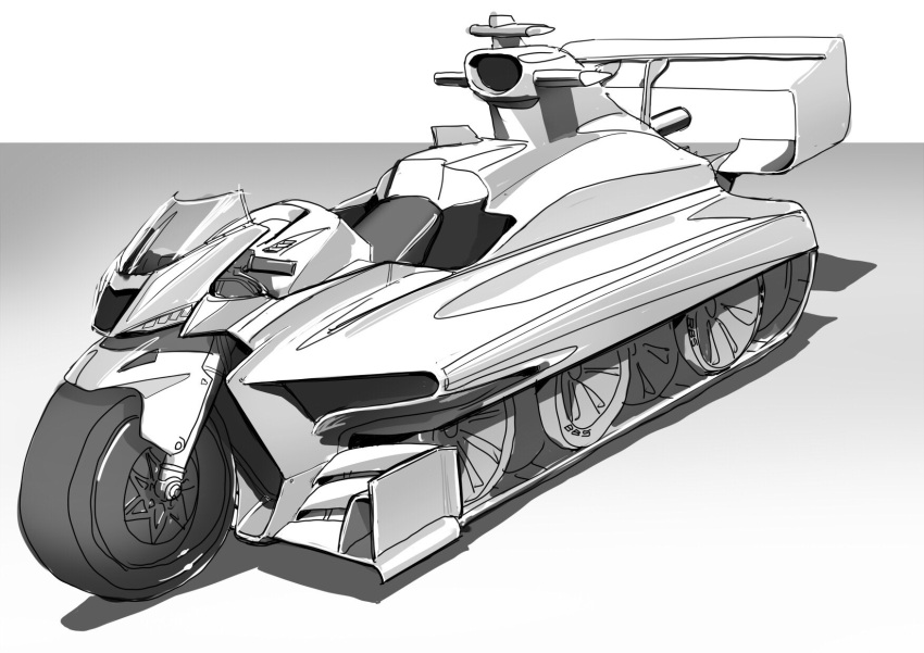 959 caterpillar greyscale highres kettenkrad monochrome motor_vehicle motorcycle no_humans original redesign shadow sketch spoiler_(automobile) vehicle_focus