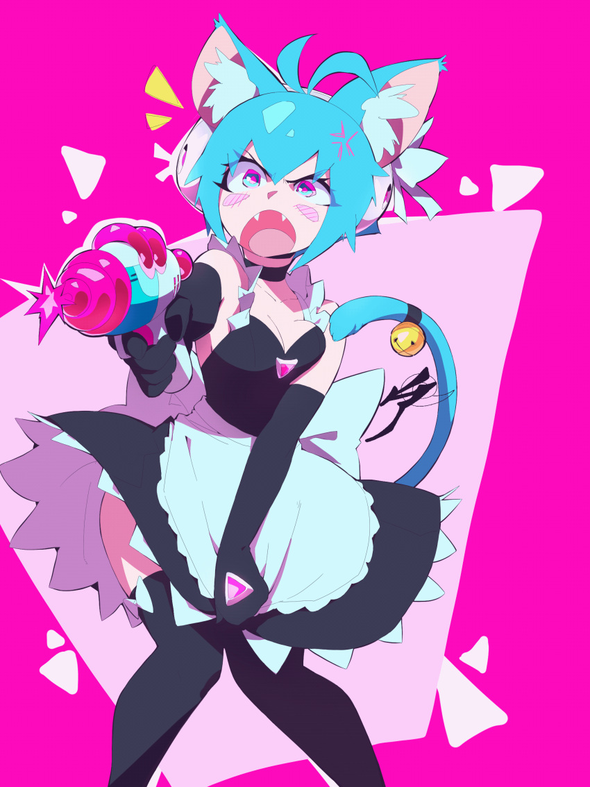 1girl :o absurdres aetherion anger_vein angry animal_ears animated animated_gif antenna_hair apron aqua_hair bare_shoulders bell black_dress black_gloves blue_hair blush breasts cat_ears cat_girl cat_tail cleavage dress dress_tug elbow_gloves energy_gun fangs feet_out_of_frame gloves gun highres holding holding_gun holding_weapon jingle_bell knees_together_feet_apart maid medium_breasts medium_dress multicolored_eyes original pink_background ray_gun solo space_girl_(aetherion) tail thighhighs waist_apron weapon