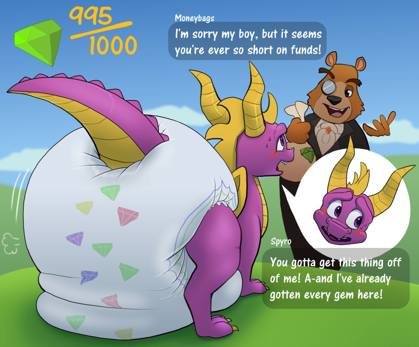 2021 activision anthro big_diaper claws clean_diaper clothed clothing dialogue dialogue_box diaper diaper_only duo feral feral_focus gameplay_mechanics hi_res horn huge_diaper male moneybags_(spyro) parumpee solo_focus spyro spyro_the_dragon suit talking_to_another topless