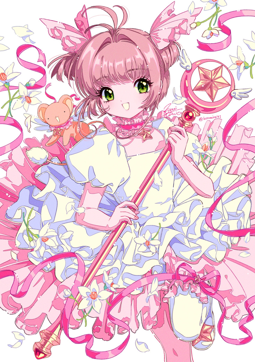 1girl bow brown_hair cardcaptor_sakura choker cowboy_shot dress flower frilled_dress frills gloves green_eyes hair_bow highres holding holding_staff hoshi_no_tsue kero_(cardcaptor_sakura) kinomoto_sakura kisumi_rei lace lace_choker layered_dress lily_(flower) magical_girl pink_ribbon puffy_short_sleeves puffy_sleeves ribbon short_hair short_sleeves single_thighhigh socks staff thighhighs white_background white_dress white_socks