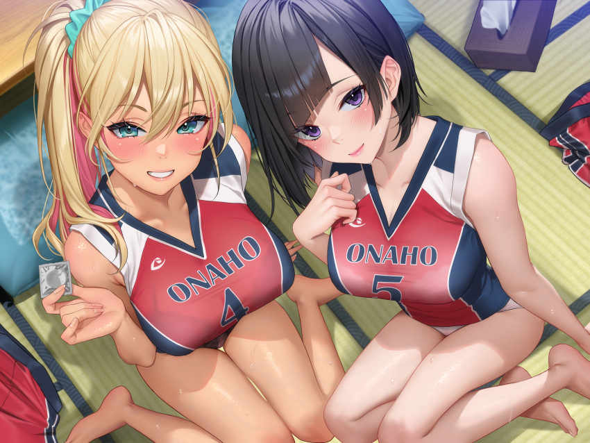 2girls aqua_eyes barefoot basketball_uniform black_bra black_hair black_panties blonde_hair blunt_bangs bra bra_visible_through_clothes breasts closed_mouth collarbone colored_inner_hair condom condom_wrapper feet grin hair_ornament hair_scrunchie highres holding holding_condom large_breasts long_hair looking_at_viewer masami_chie medium_breasts multicolored_hair multiple_girls non-web_source original panties pink_hair purple_eyes red_shirt red_skirt scrunchie shirt short_hair sitting skirt smile sportswear tatami tissue_box toes two-tone_hair underwear unworn_skirt wariza white_bra white_panties