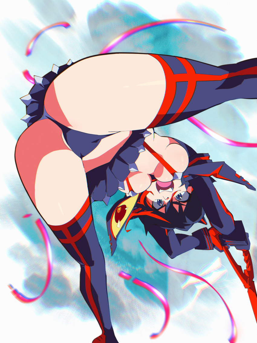 1girl absurdres aetherion arms_up ass ass_focus black_hair black_panties blue_sky boots breasts day from_below high_heels highres kill_la_kill matoi_ryuuko microskirt multicolored_hair navel open_mouth panties pleated_skirt red_hair revealing_clothes scissor_blade_(kill_la_kill) screaming senketsu short_hair skirt sky small_breasts solo sparkle suspenders thigh_boots thighhighs thighs two-tone_hair underboob underwear weapon