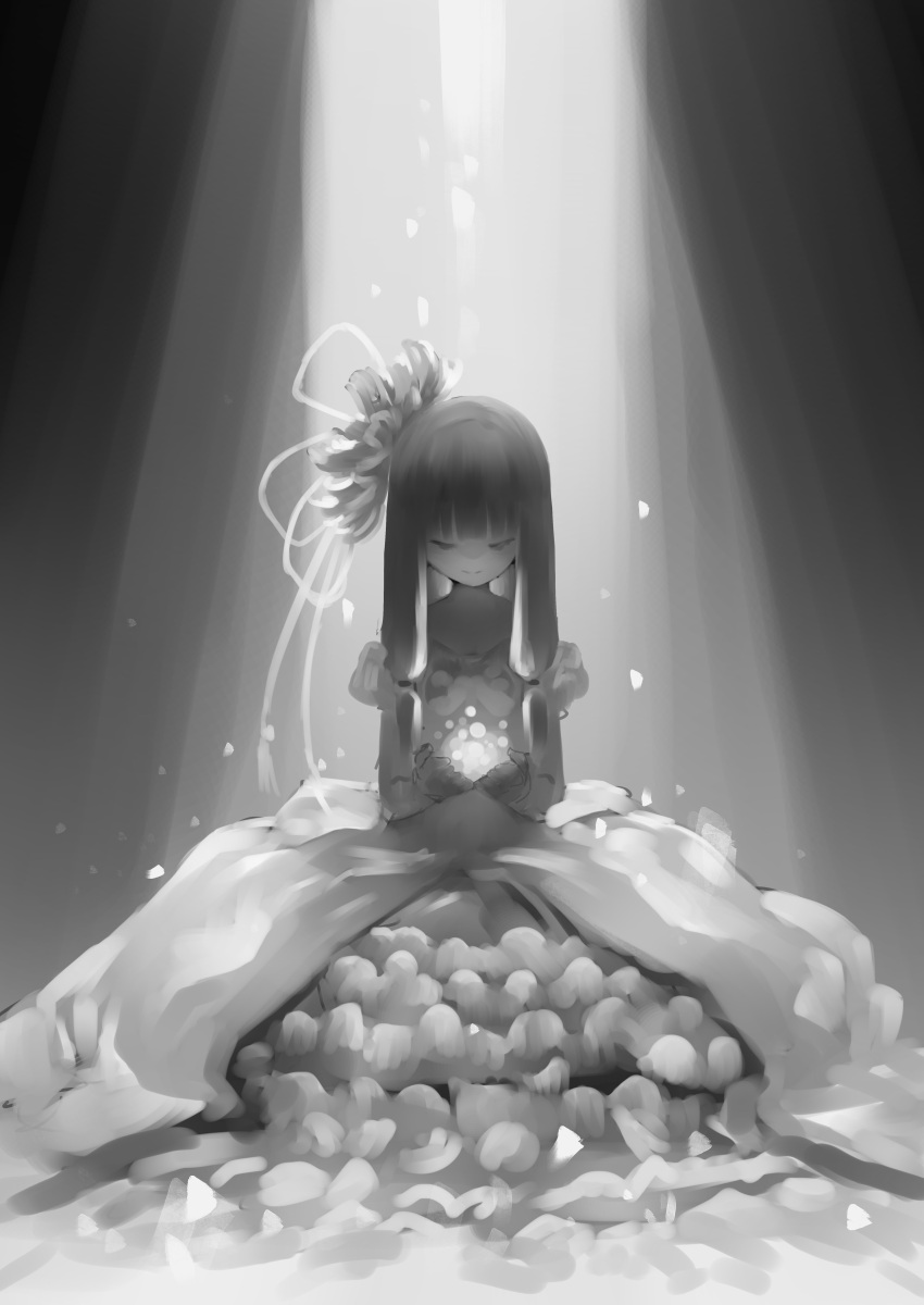1girl abstract_background absurdres alternate_costume circle_skirt closed_eyes closed_mouth cupping_hands dress facing_down falling_petals flower frilled_dress frills full_body greyscale hair_flower hair_ornament hair_ribbon highres kotonoha_aoi layered_dress light_particles long_dress long_hair low-tied_sidelocks monochrome object_floating_above_hand off-shoulder_dress off_shoulder own_hands_together petals ribbon sidelocks sitting smile solo spotlight straight-on toriatamastudio voiceroid