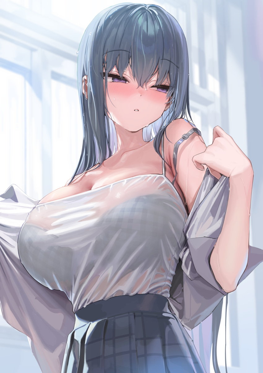 1girl bare_shoulders blue_hair blue_skirt blurry blurry_background blush bra_visible_through_clothes breasts cleavage commentary_request highres kanzarin large_breasts long_hair looking_to_the_side nose_blush open_clothes open_shirt original plaid plaid_skirt purple_eyes see-through_camisole shirt shirt_tucked_in skirt solo sweat white_shirt