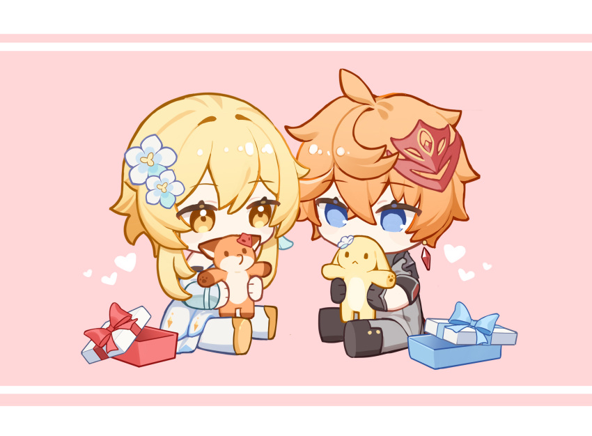 1109285578 1boy 1girl blonde_hair blue_eyes box character_doll chibi couple flower full_body genshin_impact gift gift_box hair_flower hair_ornament heart hetero highres lumine_(genshin_impact) mask mask_on_head orange_hair short_hair sitting tartaglia_(genshin_impact) yellow_eyes