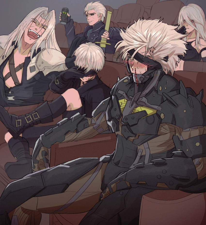 1girl 4boys 9s_(nier:automata) :3 a2_(nier:automata) black_blindfold black_gloves blindfold blood boots can covered_eyes crossover cyborg devil_may_cry_(series) devil_may_cry_5 embarrassed energy_drink final_fantasy final_fantasy_vii gloves grey_eyes headband highres holding holding_can holding_head holding_sword holding_weapon laughing long_hair long_sleeves looking_at_viewer metal_gear_(series) metal_gear_rising:_revengeance mole mole_under_mouth monster_energy multiple_boys nier:automata nier_(series) nosebleed one_eye_covered puffy_sleeves raiden_(metal_gear) robot sephiroth short_hair smile sword theater_seating vergil_(devil_may_cry) weapon white_hair yoracrab