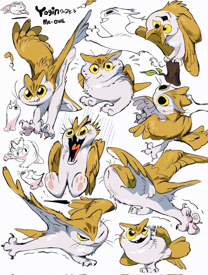 2024 ambiguous_gender avian bird claws dated domestic_cat duo feathered_wings feathers felid feline felis feral hi_res hybrid mammal multiple_poses owl pose simple_background solo_focus white_background wings yogin