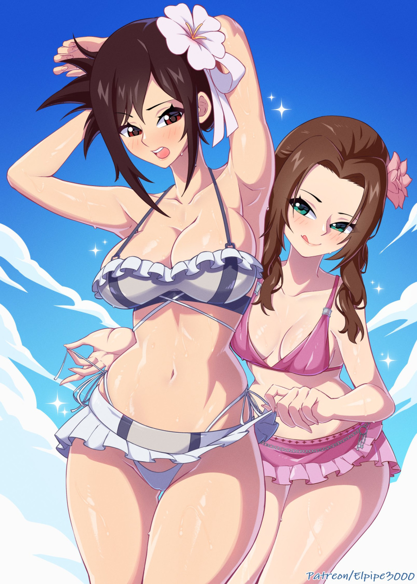 2girls aerith_gainsborough aerith_gainsborough_(pink_mermaid) armpits arms_up ass_visible_through_thighs bikini bikini_skirt blue_sky breasts brown_eyes brown_hair cleavage clothes_lift elpipe_3000 final_fantasy final_fantasy_vii final_fantasy_vii_rebirth final_fantasy_vii_remake flower frilled_bikini frilled_bikini_top frills green_eyes hair_flower hair_ornament highres large_breasts licking_lips medium_breasts microskirt multiple_girls official_alternate_costume official_alternate_hairstyle open_mouth pink_bikini skirt skirt_lift sky smile sparkle swimsuit thighs thong_bikini tifa_lockhart tifa_lockhart_(shining_spirit) toned tongue tongue_out white_bikini