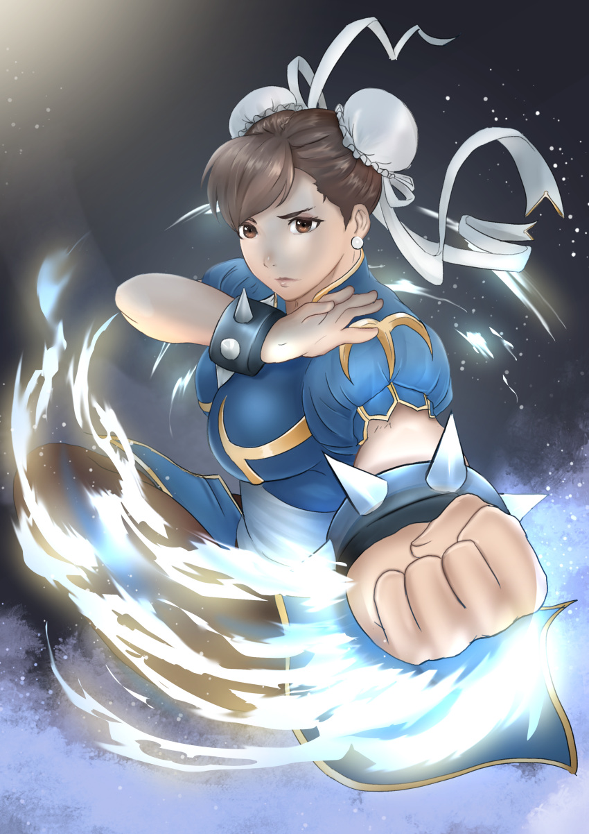 1girl absurdres brown_eyes brown_hair chinese_clothes chun-li clenched_hand double_bun fighting_stance hair_bun highres looking_at_viewer medium_hair sash solo street_fighter xuuikie_ashe