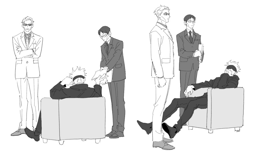 3boys blindfold crossed_arms full_body glasses goggles gojou_satoru greyscale holding holding_paper ijichi_kiyotaka jujutsu_kaisen long_sleeves lounging male_focus monochrome multiple_boys nanami_kento necktie pants paper shoes short_hair sitting sketch standing suit sumio_(smosmo)