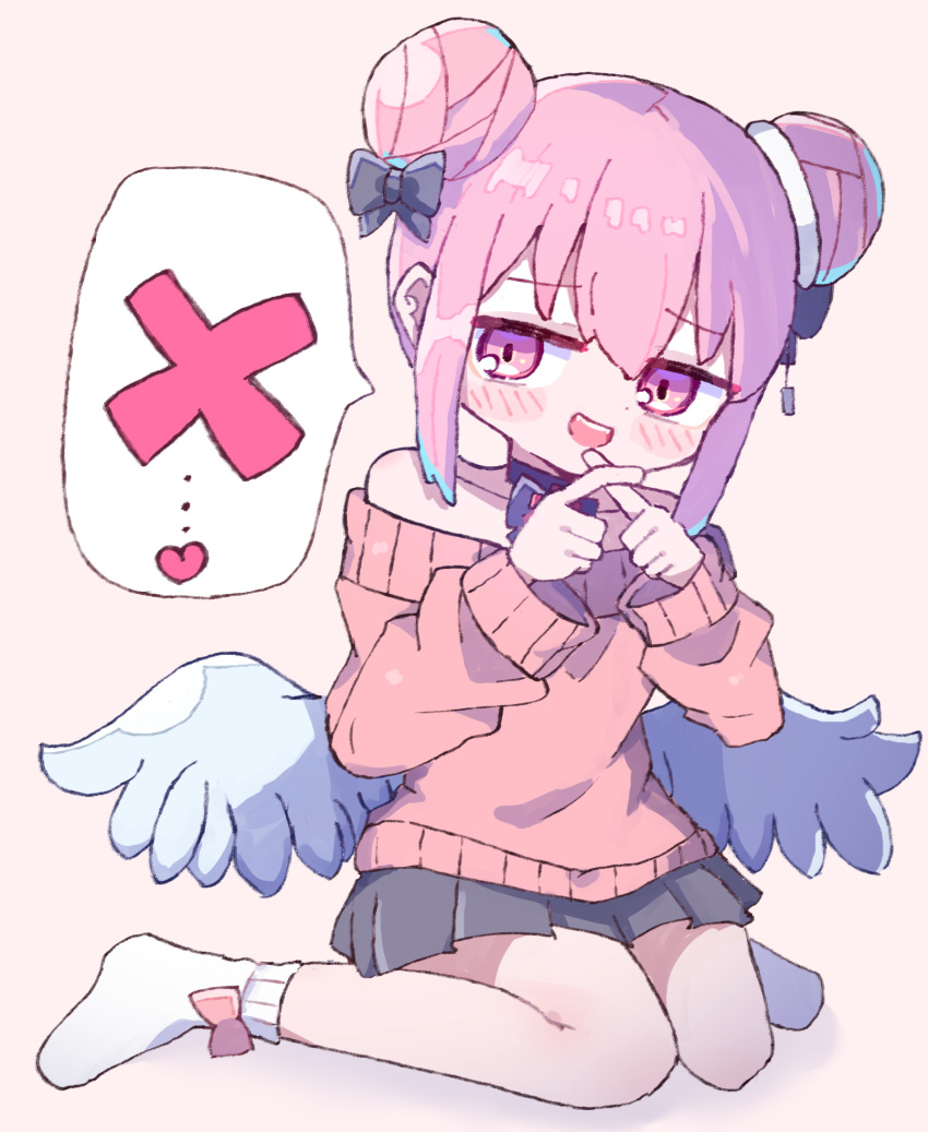 1girl angel_wings bare_shoulders black_bow black_skirt blue_hair blush bow bow_choker bow_legwear colored_tips commentary_request dadadada_tenshi dadadada_tenshi_(nanawo_akari) double_bun feathered_wings full_body hair_bow hair_bun hands_up heart highres long_sleeves low_wings multicolored_hair nanawo_akari off-shoulder_sweater off_shoulder open_mouth pink_background pink_bow pink_eyes pink_hair pink_sweater sasugane_watashi short_hair sidelocks simple_background sitting skirt socks solo speech_bubble spoken_heart spoken_x sweater terada_tera_(style) wariza white_socks white_wings wings x_fingers