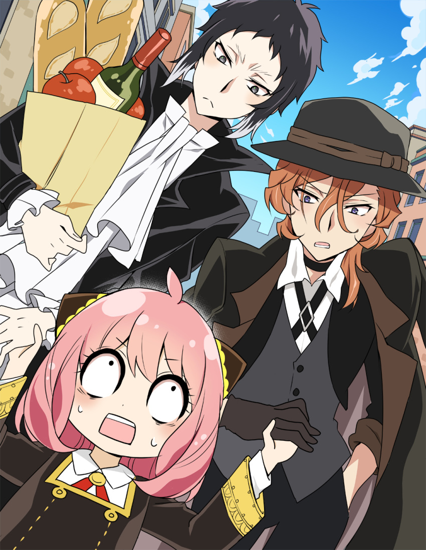 1girl 2boys akutagawa_ryuunosuke_(bungou_stray_dogs) alcohol anya_(spy_x_family) apple bag baguette black_hair black_jacket blue_sky bread brown_hair building bungou_stray_dogs closed_mouth cloud crossover dutch_angle fedora food fruit hat highres jacket masako_(sabotage-mode) multiple_boys nakahara_chuuya open_mouth outdoors paper_bag pink_hair short_hair sky spy_x_family suit sweat whiskey