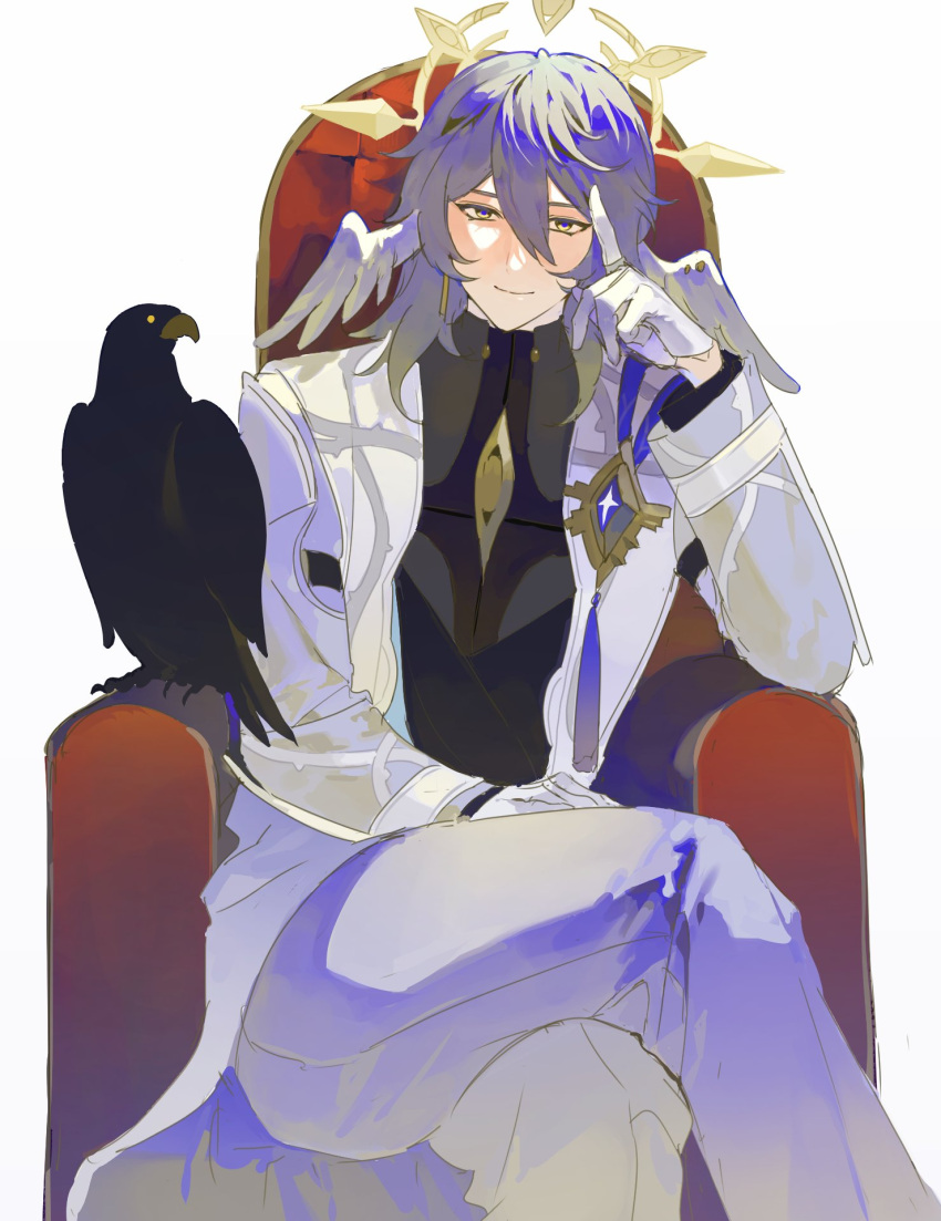 1boy bird closed_mouth crossed_legs crow earrings fsuusux gloves halo head_wings highres honkai:_star_rail honkai_(series) jewelry long_sleeves looking_at_viewer male_focus medium_hair on_chair sitting solo sunday_(honkai:_star_rail) white_gloves white_wings wings yellow_eyes