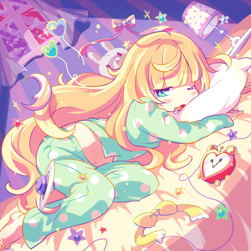 1girl alarm_clock album_cover barefoot blonde_hair blunt_bangs blush_stickers clock cover drooling dutch_angle full_body green_eyes green_pajamas green_pants green_shirt head_on_pillow highres indie_utaite lamp lampshade long_hair long_sleeves looking_at_viewer lying maako_(yuuyake.) messy_hair midriff nanahira navel on_bed on_side one_eye_closed open_mouth pajamas pants planet polka_dot polka_dot_pajamas shirt sleepy solo stuffed_animal stuffed_rabbit stuffed_toy textless_version very_long_hair wavy_hair wavy_mouth window