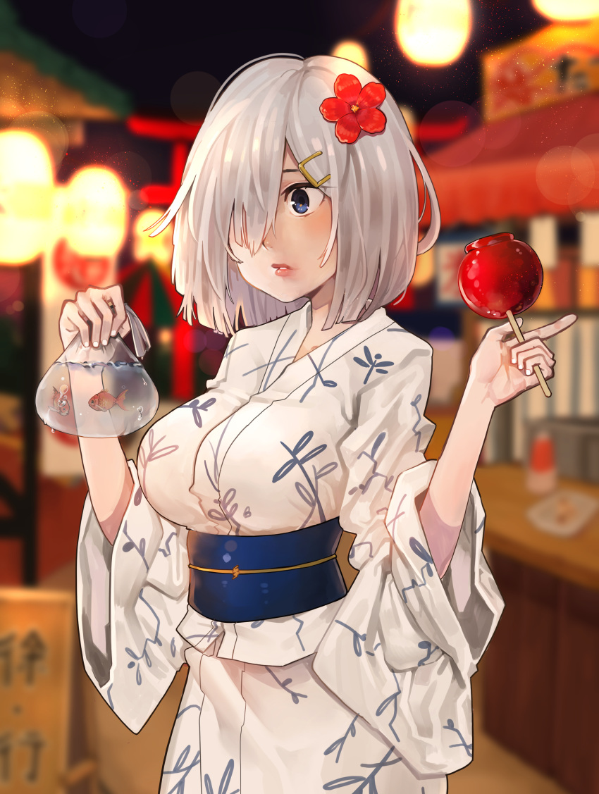 1girl absurdres and-j_(dlwjdqja1212) blue_eyes breasts candy_apple cowboy_shot flower food food_stand grey_hair hair_flower hair_ornament hair_over_one_eye hairpin hamakaze_(kancolle) highres japanese_clothes kantai_collection kimono large_breasts medium_hair night solo torii white_kimono yatai yukata