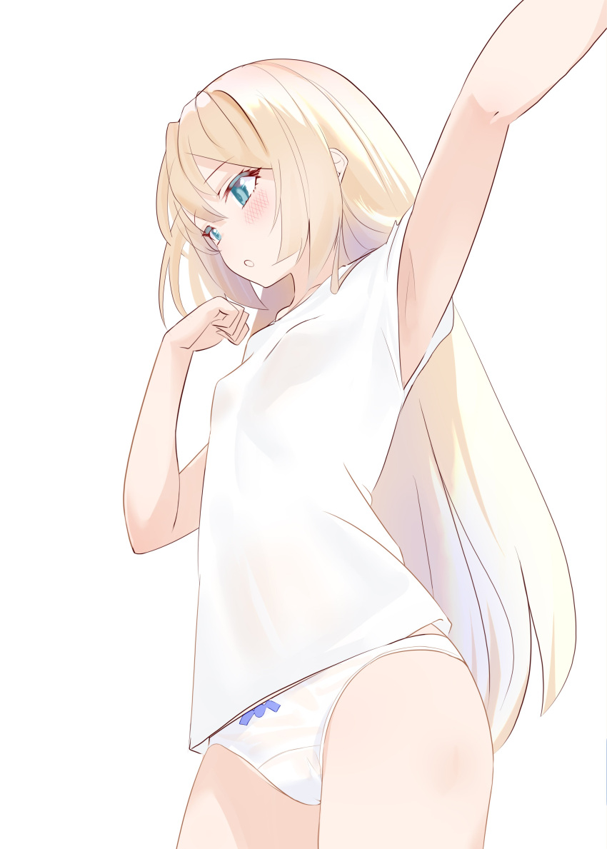 1girl absurdres armpits bad_anatomy bad_arm blonde_hair blue_eyes bow bow_panties breasts cowboy_shot from_below highres jervis_(kancolle) kantai_collection long_hair no_pants open_mouth panties sakurai_nana_(moshichi) shirt small_breasts solo standing underwear white_background white_panties white_shirt