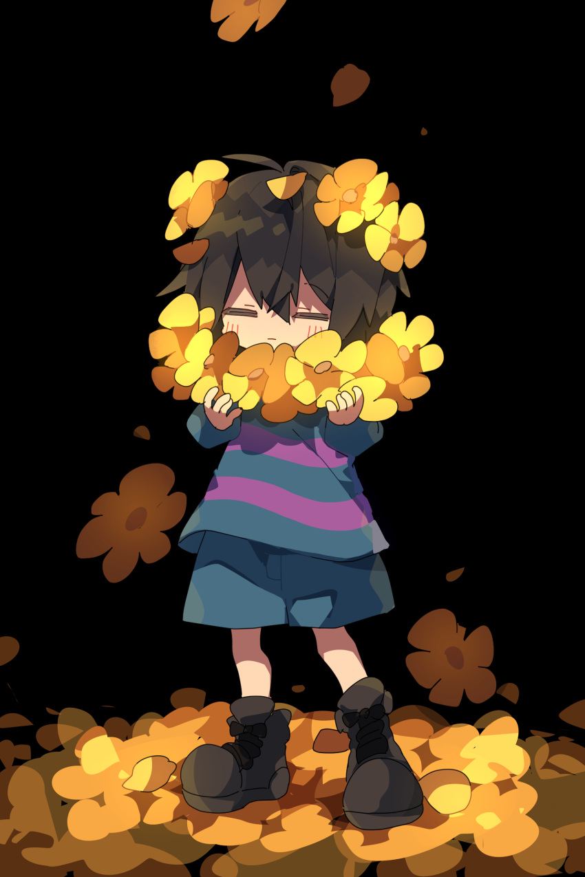 1other absurdres ahoge aqua_shirt aqua_shorts black_background black_footwear blush boots brown_hair child closed_eyes closed_mouth falling_petals flower frisk_(undertale) full_body golden_flower_(undertale) hair_between_eyes highres holding holding_flower long_sleeves nikorashi-ka petals purple_shirt shirt short_hair shorts standing striped_clothes striped_shirt undertale yellow_flower yellow_petals