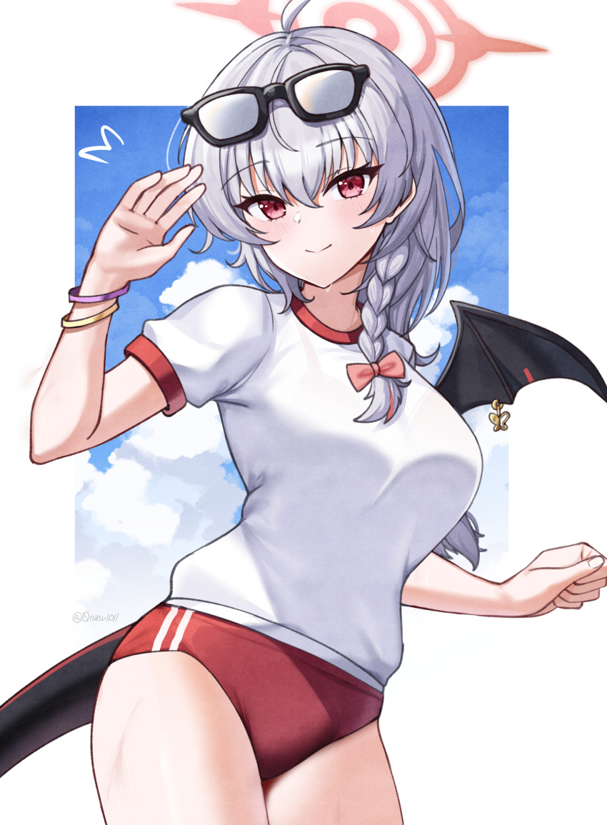 1girl absurdres ahoge black_tail black_wings blue_archive blush braid breasts buruma closed_mouth cowboy_shot demon_wings eyewear_on_head fake_wings grey_hair gym_shirt gym_uniform hair_between_eyes halo haruna_(blue_archive) haruna_(track)_(blue_archive) highres large_breasts long_hair nassss official_alternate_costume red_buruma red_eyes red_halo shirt short_sleeves single_braid single_wing smile solo white_shirt wings