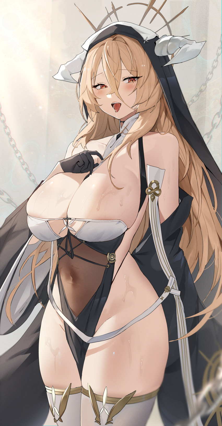 1girl absurdres azur_lane between_breasts black_gloves blonde_hair breast_cutout breasts chain clothes_between_thighs covered_navel cowboy_shot fake_horns framed_breasts gloves habit hair_between_eyes half_gloves halo highres horns huge_breasts implacable_(azur_lane) long_hair looking_at_viewer nun open_mouth pelvic_curtain red_eyes revealing_clothes skindentation skyfracture solo thighhighs tongue tongue_out two-tone_dress veil very_long_hair white_horns white_thighhighs