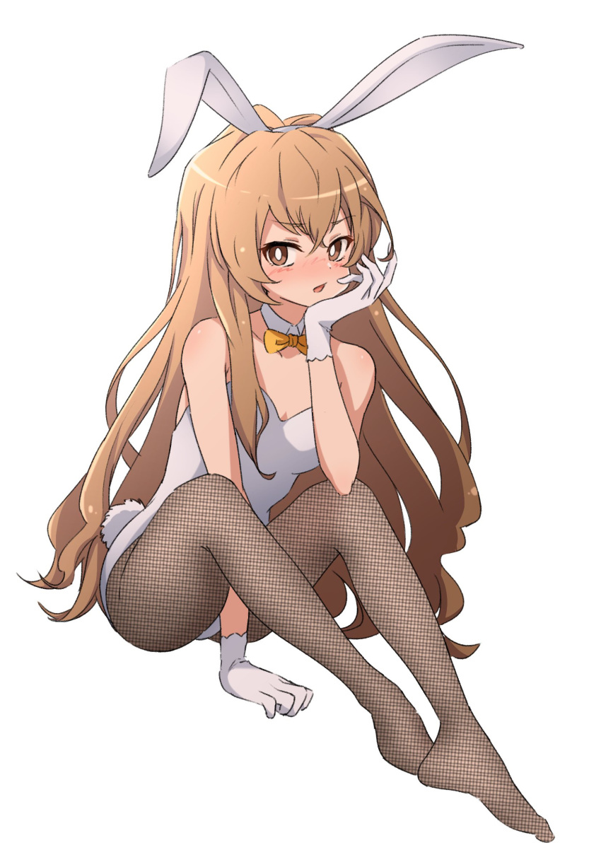 1girl aisaka_taiga animal_ears bow bowtie brown_eyes commentary_request detached_collar fishnet_pantyhose fishnets gloves hand_on_own_chin highres leotard light_brown_hair long_hair nishizuki_shino pantyhose playboy_bunny rabbit_ears rabbit_tail simple_background sitting solo strapless strapless_leotard tail toradora! white_background white_gloves white_leotard yellow_bow yellow_bowtie