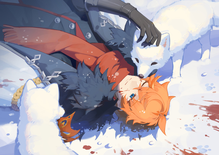 1109285578 1boy ahoge aiguillette black_gloves black_jacket blood blood_on_face blood_splatter blue_eyes buttons closed_mouth coat coat_on_shoulders commentary crossed_bangs english_commentary fox fur-trimmed_coat fur_trim genshin_impact gloves hair_between_eyes hand_up highres jacket lapels long_sleeves lying male_focus mask on_back on_ground one_eye_closed orange_hair paw_print petting red_mask red_scarf scarf shadow short_hair smile snow solo tartaglia_(genshin_impact) unworn_mask white_coat
