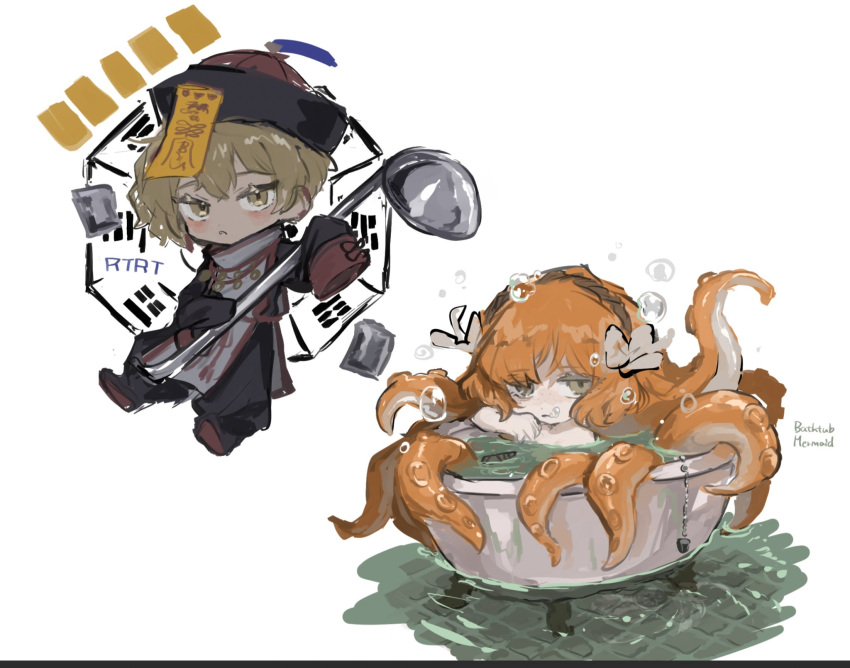 1boy 1girl alternate_costume bathing bathtub blonde_hair chibi flower full_body hair_flower hair_ornament highres ishmael_(project_moon) jiangshi jiangshi_costume ladle limbus_company monster_girl octopus orange_hair project_moon scylla sigil sinclair_(project_moon) upi_(ukn18pkanother)