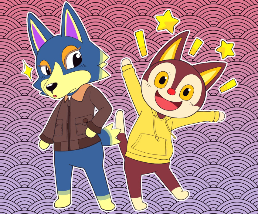 2020 akimo_(artist) animal_crossing anthro black_eyes bottomless bottomless_male brown_body brown_fur canid canine canis clothed clothing domestic_cat duo featureless_crotch felid feline felis fur happy hi_res hoodie hoodie_only jacket looking_at_viewer male mammal nintendo open_mouth raised_arms red_nose rudy_(animal_crossing) tail topwear topwear_only wolf wolfgang_(animal_crossing) yellow_clothing yellow_eyes yellow_hoodie yellow_topwear