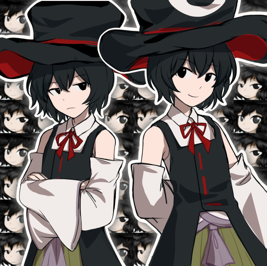 2others androgynous bare_shoulders black_hair black_hat black_vest commentary_request enraku_tsubakura euthan eye_of_senri eye_on_hat green_hakama hakama hat highres japanese_clothes large_hat len'en long_sleeves multiple_others neck_ribbon oversized_hat red_ribbon ribbon senri_tsurubami shirt sleeveless sleeveless_shirt top_hat vest white_shirt white_sleeves wide_sleeves