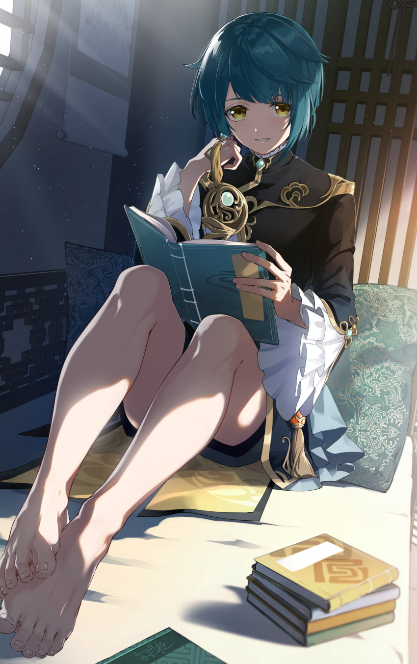 1boy absurdres bare_legs barefoot blue_hair book book_stack chinese_clothes commentary_request feet fingernails frilled_sleeves frills full_body gem genshin_impact grin hand_up highres holding holding_book indoors itsumono_katze jacket jewelry knees_apart_feet_together knees_up legs long_sleeves male_focus open_book parted_bangs pillow short_hair shorts sitting smile solo toenails toes wide_sleeves window xingqiu_(genshin_impact) yellow_eyes