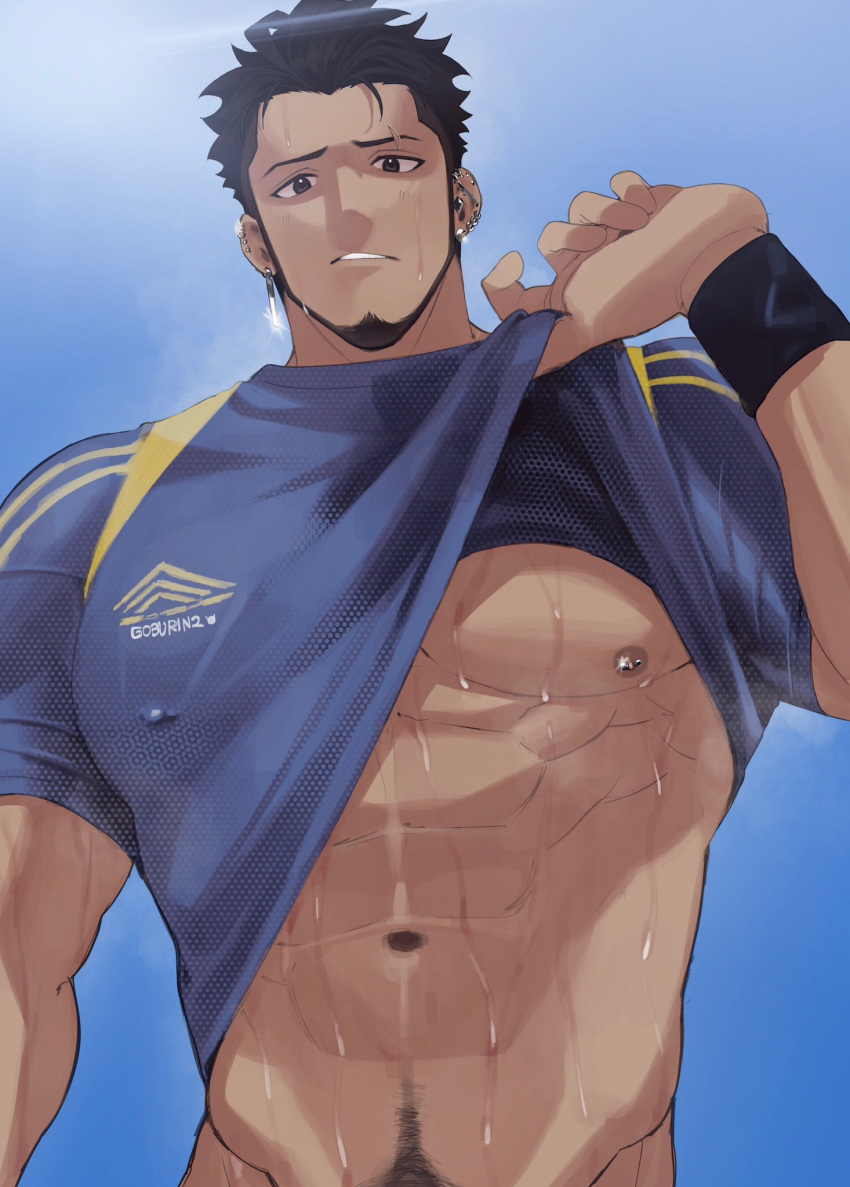 1boy abs bad_id bad_twitter_id bara bare_pectorals beard bottomless covered_nipples cowboy_shot cross cross_earrings dark-skinned_male dark_skin earrings eyebrow_cut facial_hair full_beard glint goburin_second groin harumi_(goburin_second) highres jewelry large_pectorals lifted_by_self looking_at_viewer male_focus male_pubic_hair muscular muscular_male navel navel_hair nipples original pectorals pubic_hair short_hair solo standing stomach sweat thick_eyebrows very_sweaty