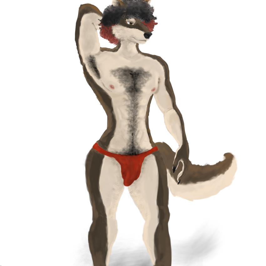 absurd_res adult_male anthro armpit_hair big_butt black_hair body_hair brown_eyes bulge butt butt_hair canid canine canis chest_hair clothed clothing collarbone curled_hair digital_media_(artwork) elijah_pamsen genitals hair hairy hairy_legs hand_behind_head hand_on_head hi_res highlights_(coloring) huge_butt humanoid_genitalia humanoid_hands kwolf larger_male looking_away male mammal mature_male muscular muscular_anthro nipples partially_clothed pink_nipples pose presenting pubes red_clothing red_underwear red_wolf seductive shadow simple_background size_difference small_waist solo tail underwear underwear_only white_background wide_hips wolf