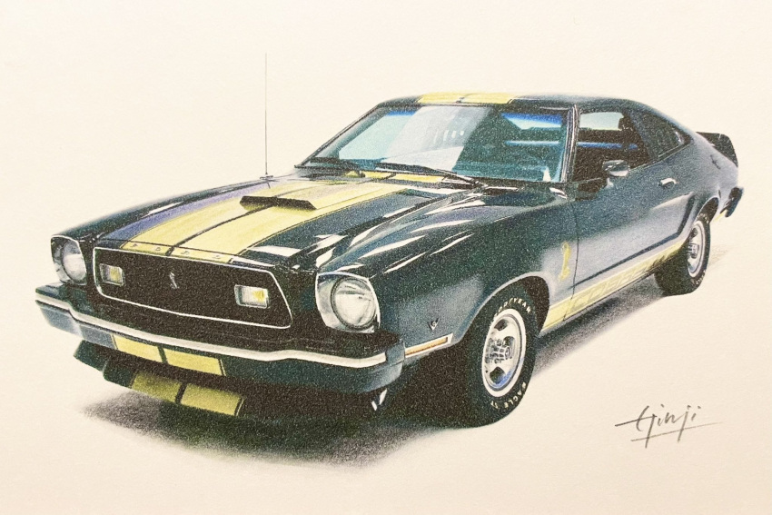 artist_name car ford ford_mustang ford_mustang_ii highres matsubara_ginji motor_vehicle muscle_car original photorealistic radio_antenna realistic shadow traditional_media vehicle_focus watercolor_pencil_(medium)