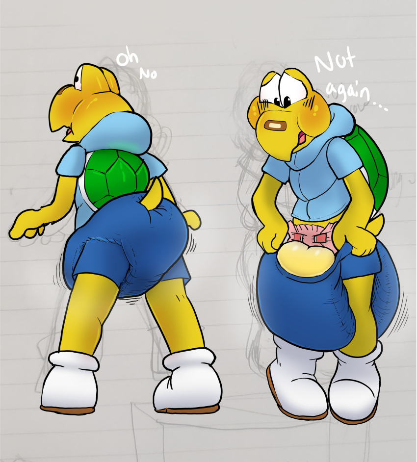 2021 absurd_res anthro bandage bandage_on_face bandage_on_nose big_diaper blush bodily_fluids bottomwear clothing dialogue diaper diaper_under_clothing footwear genital_fluids hi_res hoodie incontinence koopa koopa_troopa koops male mario_bros nintendo paper_mario parumpee scales scalie shell shoes shorts solo talking_to_self topwear urine wardrobe_malfunction wet_diaper wetting wetting_diaper yellow_body yellow_scales
