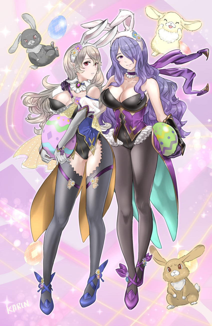 2girls 6nutqd2kwd0iqcl absurdres alternate_costume animal_ears bare_shoulders black_leotard black_thighhighs breasts camilla_(fire_emblem) camilla_(spring)_(fire_emblem) cleavage collarbone corrin_(female)_(fire_emblem) corrin_(fire_emblem) easter_egg egg elbow_gloves fake_animal_ears fire_emblem fire_emblem_fates fire_emblem_heroes gloves grey_gloves groin hair_over_one_eye hairband highres large_breasts leotard long_hair looking_at_viewer multiple_girls official_alternate_costume pantyhose playboy_bunny pointy_ears purple_background purple_eyes purple_gloves purple_hair rabbit rabbit_ears red_eyes smile thighhighs very_long_hair