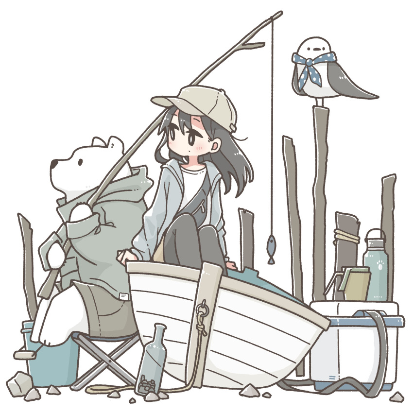 1girl bear bird black_hair black_pants boat bottle bucket closed_mouth cooler east_sha2 fish fishing_rod highres holding holding_fishing_rod long_hair original pants polar_bear seagull sitting solo watercraft