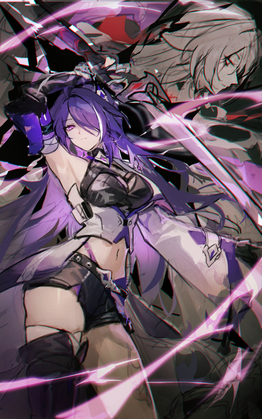 1girl absurdres acheron_(honkai:_star_rail) arm_up armpits asymmetrical_footwear bandages black_choker black_gloves black_shorts body_markings breasts chain choker cleavage coat coattails detached_sleeves f.k_(hs225kr) gloves hair_over_one_eye highres holding holding_sword holding_weapon honkai:_star_rail honkai_(series) long_hair midriff navel purple_eyes purple_hair red_eyes short_shorts shorts single_bare_shoulder solo stomach sword weapon white_coat white_hair