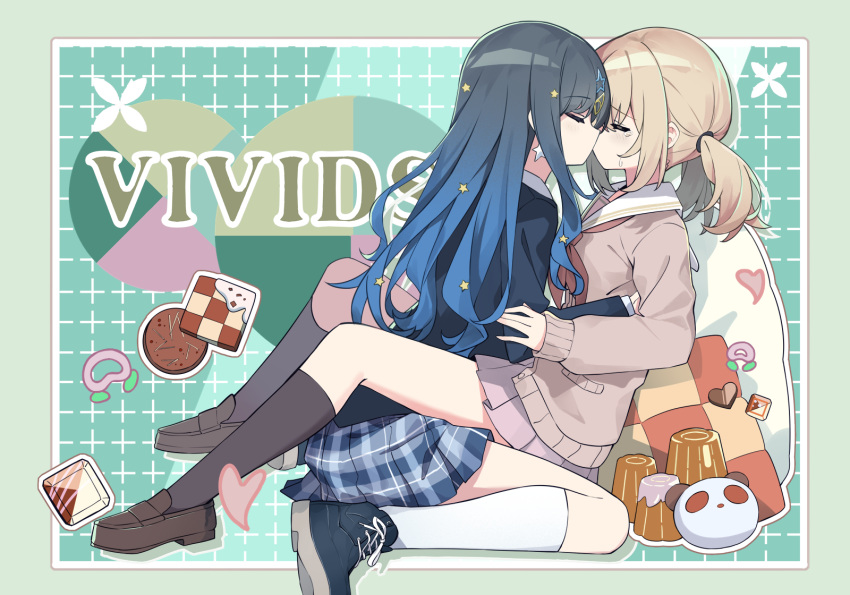 2girls azusawa_kohane black_hair black_jacket black_socks blue_footwear blue_hair blue_skirt border brown_cardigan brown_footwear cardigan closed_eyes commentary_request cookie food from_side fruit full_body gradient_hair green_background grid_background highres inset_border jacket kiss kneehighs leg_lock loafers long_hair maidcode1023 multicolored_hair multiple_girls neckerchief outline panda peach pillow pink_skirt plaid plaid_skirt pleated_skirt project_sekai pudding red_neckerchief sailor_collar shiraishi_an shoes short_twintails simple_background sitting sitting_on_lap sitting_on_person skirt socks twintails white_sailor_collar white_socks yuri