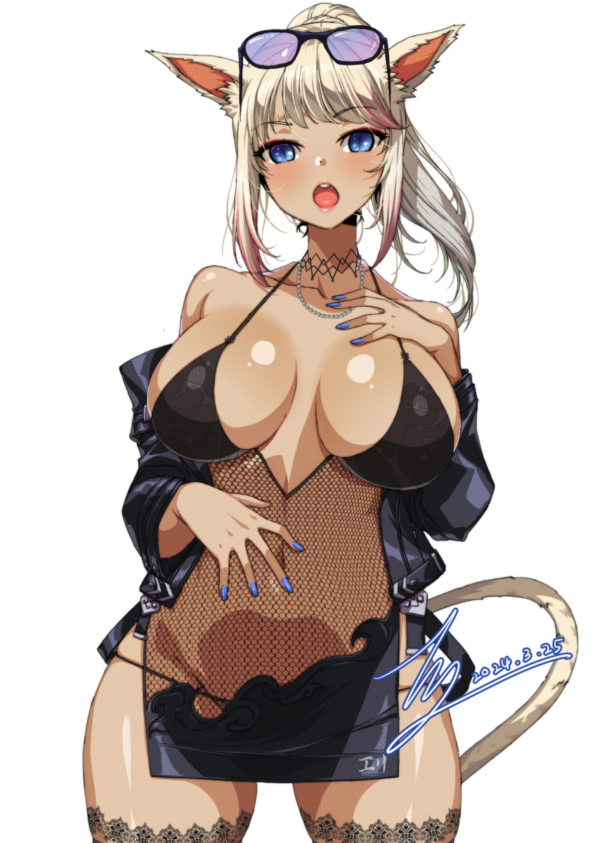 1girl animal_ears black_one-piece_swimsuit blonde_hair blue_eyes breasts cat_ears cat_tail commission covered_navel eyewear_on_head final_fantasy final_fantasy_xiv fishnet_thighhighs fishnets gyaru hand_on_own_chest hand_on_own_stomach highres jacket jewelry kogal large_breasts leather leather_jacket light_blush lipstick long_bangs makeup miqo'te multicolored_hair nail_polish necklace one-piece_swimsuit open_mouth pearl_necklace pixiv_commission ponytail rantia shiny_skin solo streaked_hair sunglasses swimsuit tail teeth thighhighs upper_teeth_only warrior_of_light_(ff14)