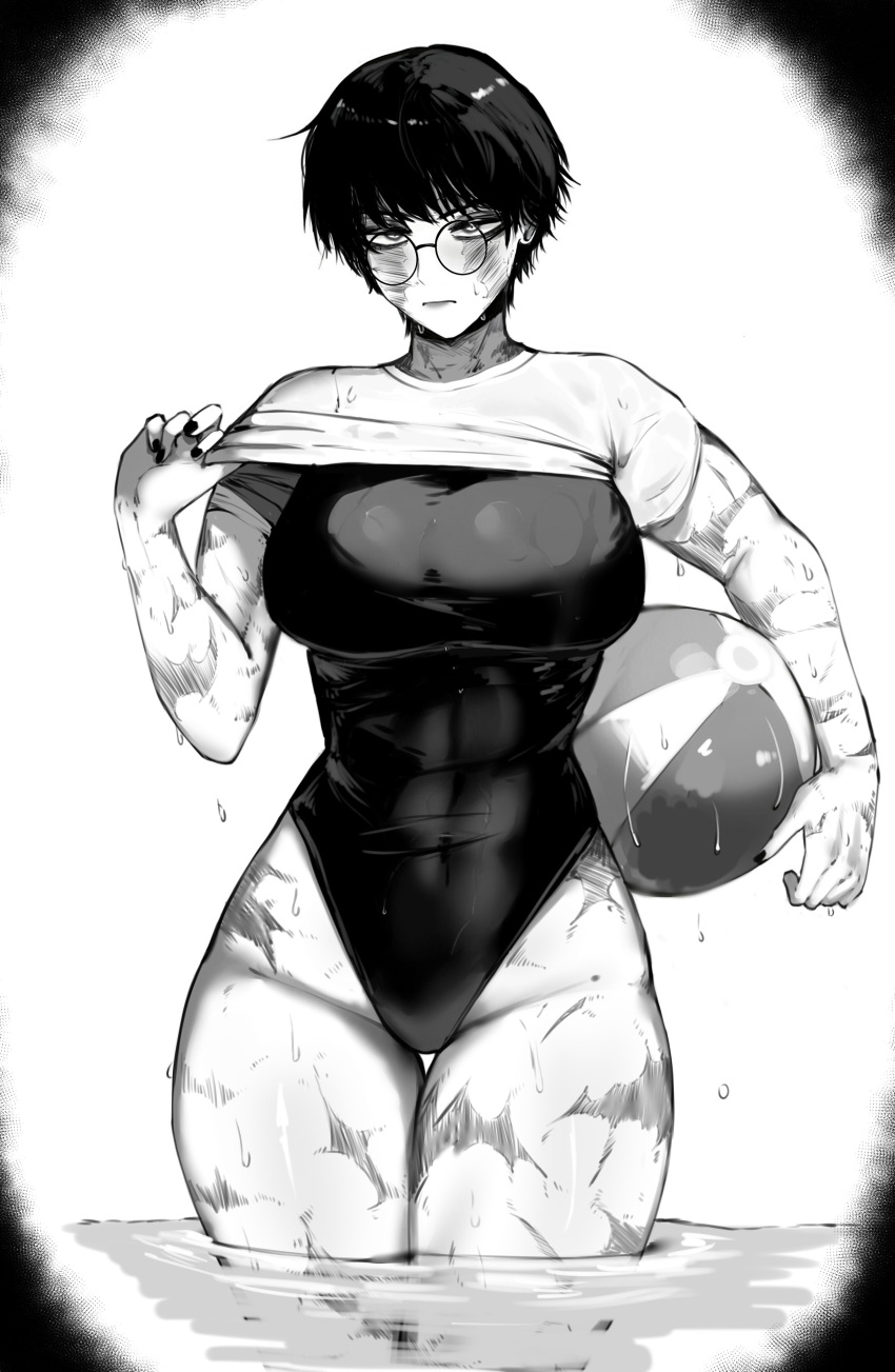 1girl absurdres blush breasts burn_scar greyscale highres jujutsu_kaisen large_breasts looking_at_viewer monochrome one-piece_swimsuit ringed_eyes round_eyewear scar scar_on_arm scar_on_face scar_on_leg shirt solo swimsuit thighs too_many too_many_scars vignetting wet zen'in_maki zovokia