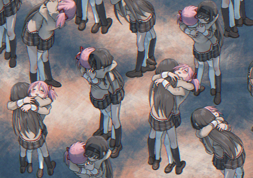 2girls abstract_background akemi_homura black_hairband black_thighhighs blush brown_footwear brown_shirt brown_skirt character_counter_request chromatic_aberration closed_eyes clutching_clothes commentary_request facing_down facing_up furrowed_brow hair_ribbon hairband head_on_another's_shoulder highres hug juliet_sleeves kaname_madoka koze_niire leaning_back loafers long_hair long_sleeves mahou_shoujo_madoka_magica mitakihara_school_uniform multiple_girls mutual_hug open_mouth pink_hair pleated_skirt puffy_sleeves red_ribbon ribbon sad_smile school_uniform shirt shoes short_twintails skirt sleeve_cuffs smile standing tearing_up thighhighs twintails two_side_up white_thighhighs