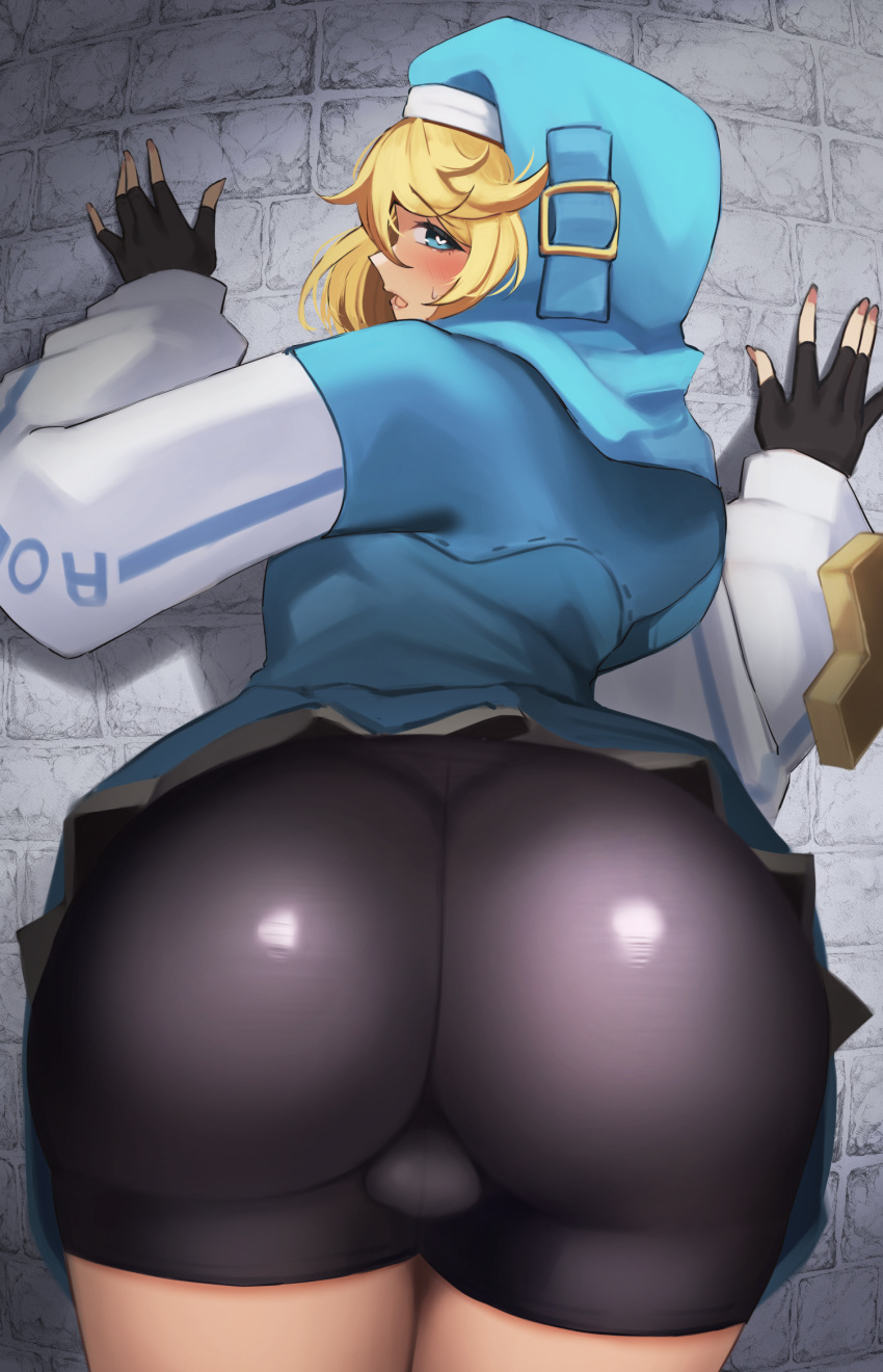 1boy against_wall ass bike_shorts black_gloves blonde_hair blue_eyes blue_hoodie blush bridget_(guilty_gear) bulge closed_mouth clothes_lift fingerless_gloves from_behind gloves grey_skirt guilty_gear guilty_gear_strive highres hood hoodie looking_at_viewer looking_back male_focus open_mouth otoko_no_ko pleated_skirt skirt skirt_lift solo sweat wabimochi