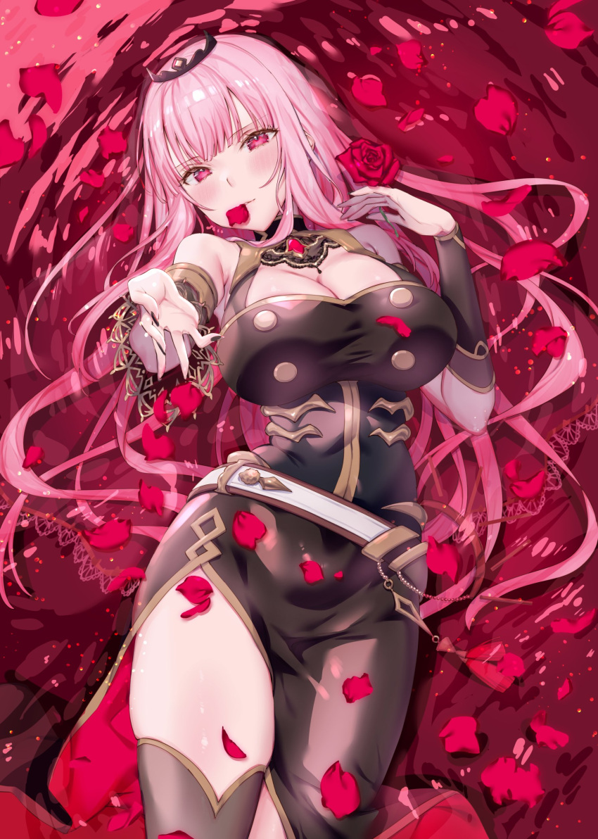 1girl absurdres black_dress black_nails black_thighhighs blunt_bangs blush breasts cleavage detached_sleeves dress flower highres hololive hololive_english kamiya_maneki large_breasts long_hair looking_at_viewer mori_calliope mori_calliope_(1st_costume) nail_polish outstretched_hand pink_eyes pink_hair red_flower red_rose rose see-through see-through_sleeves sidelocks single_thighhigh sleeveless sleeveless_dress solo thighhighs virtual_youtuber