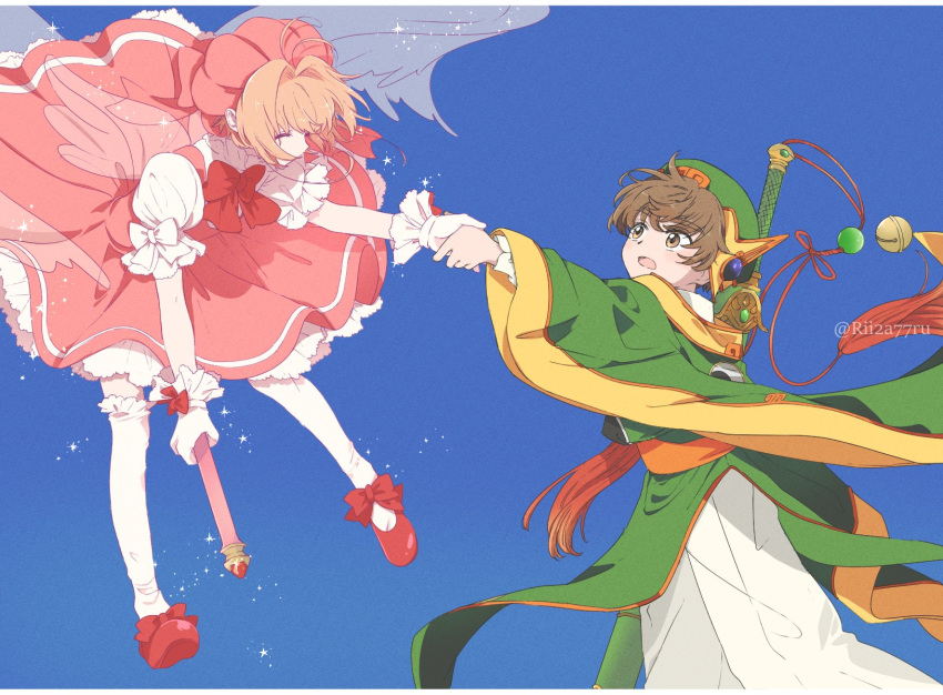 1boy 1girl blue_sky bow brown_eyes brown_hair cardcaptor_sakura chinese_clothes closed_eyes coat dress flying footwear_bow green_coat hat highres holding holding_hands holding_wand kinomoto_sakura li_syaoran looking_at_another magical_girl open_mouth pink_dress rii2a77ru short_hair sky sword sword_on_back tassel thighhighs wand weapon weapon_on_back white_thighhighs wide_sleeves wings